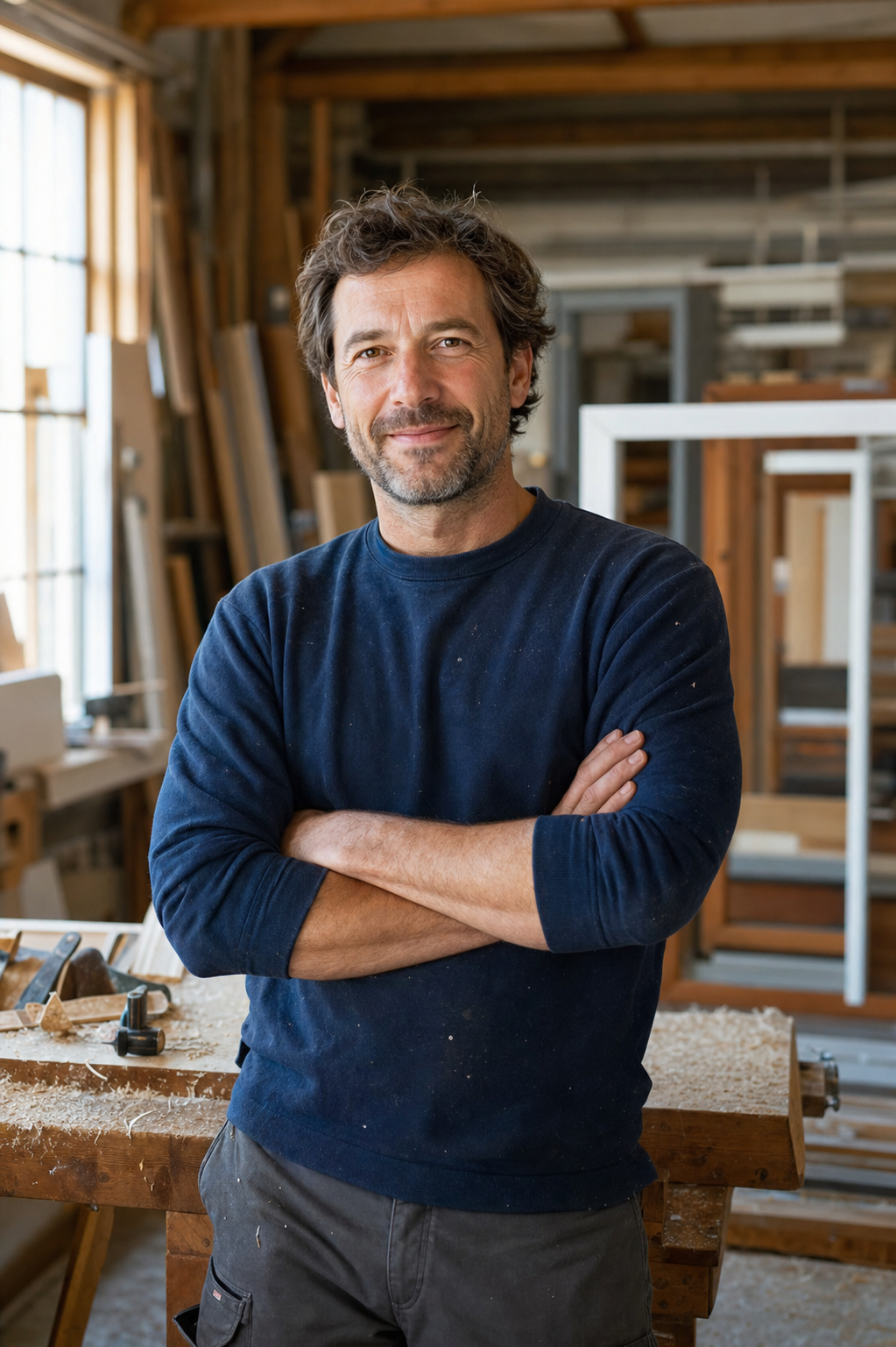 Vincent Muller, artisan menuisier fondateur de Fenêtre à Rodez, dans son atelier