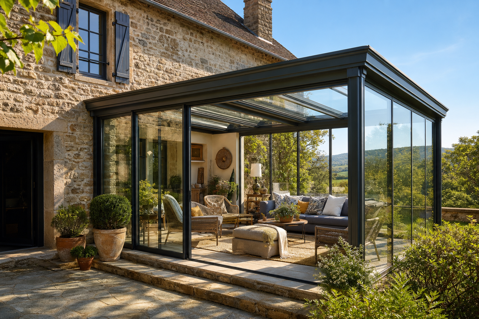 Véranda et baie vitrée sur mesure ajoutée à une maison de l'Aveyron